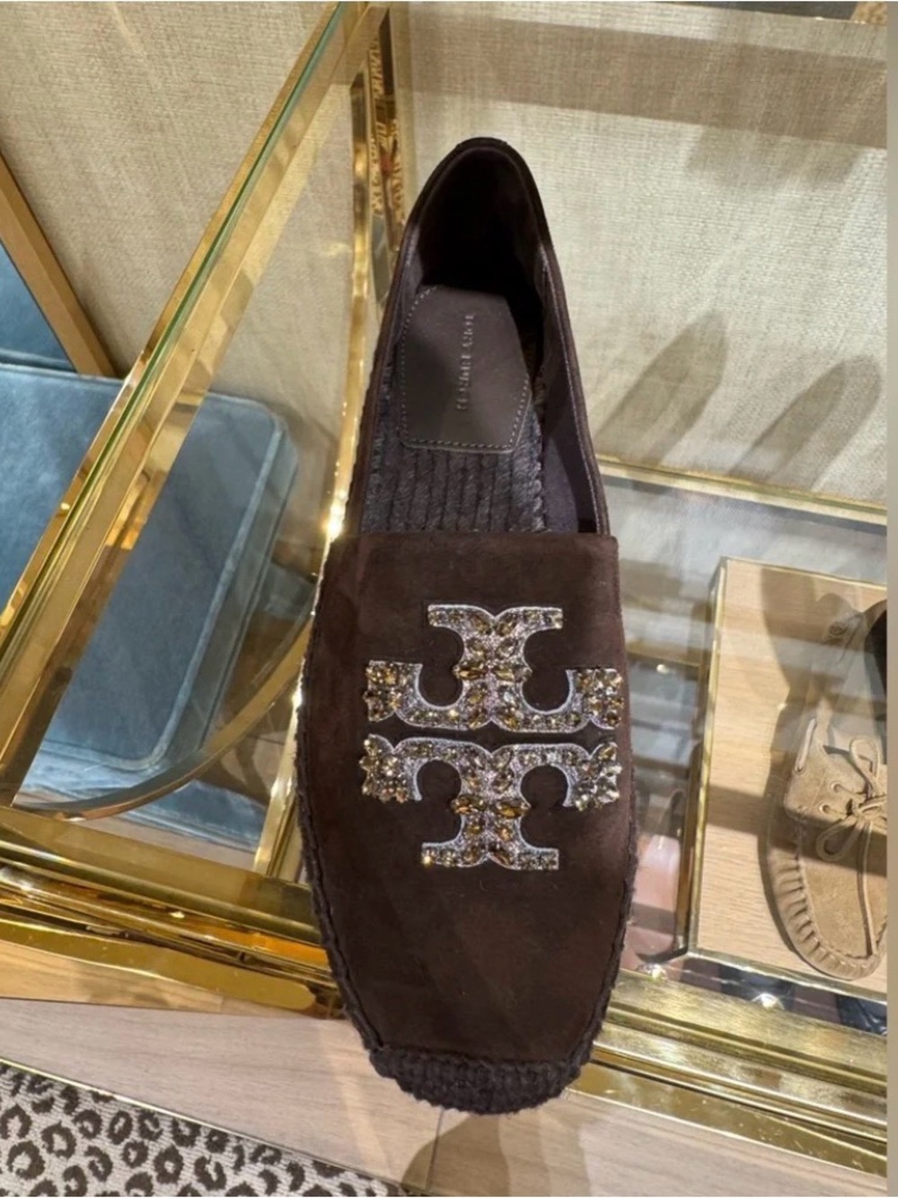 Tory Burch Brown Suede Espadrille with Crystal Logo